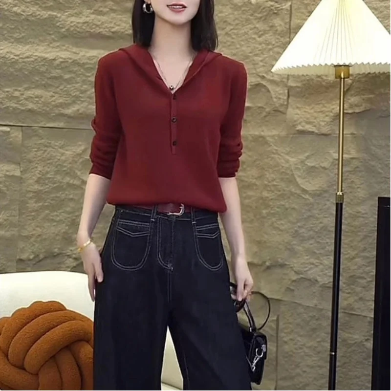 

Red Hooded Pullover Sweater Women New Autumn and Winter Casual All-Match Lazy Style Inner Knitted Top