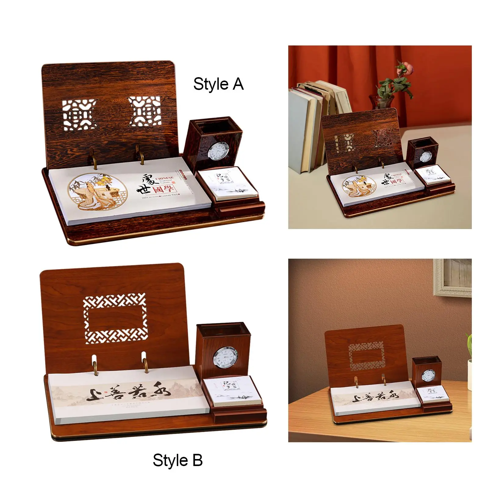 2024 Desk Calendar with Pen Holder Note Clock Desktop Calendar Memo Pages Organizing and Planning for Tabletop New Year Business