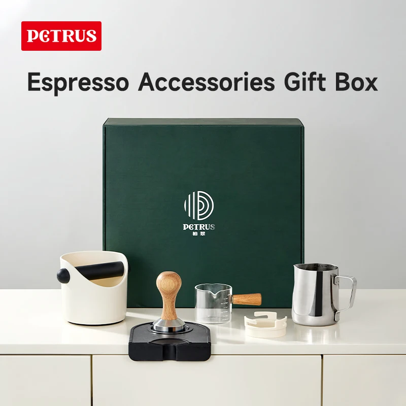 

Petrus Espresso Coffee Gift Box with tamper, Espresso Shot Glass,Milk Frothing Pitcher,Coffee Knock Box,Coffee Dosing Ring,Tampe