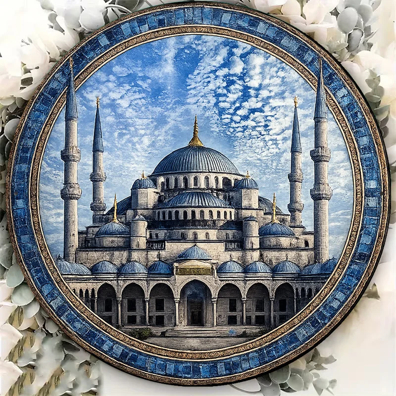 2D Vintage Metal Sign, Round Aluminum Wall Art, Istanbul Blue Mosque Decor, Cafe Home Office Gift