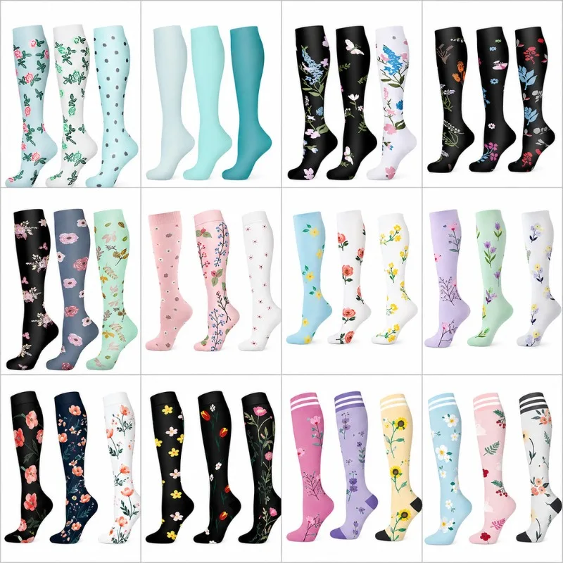 3Pairs/Pack Graduated Pressure Knee High Compression Socks Nursing Sock Unisex Breathable Running Socks Sports Nylon Stockings