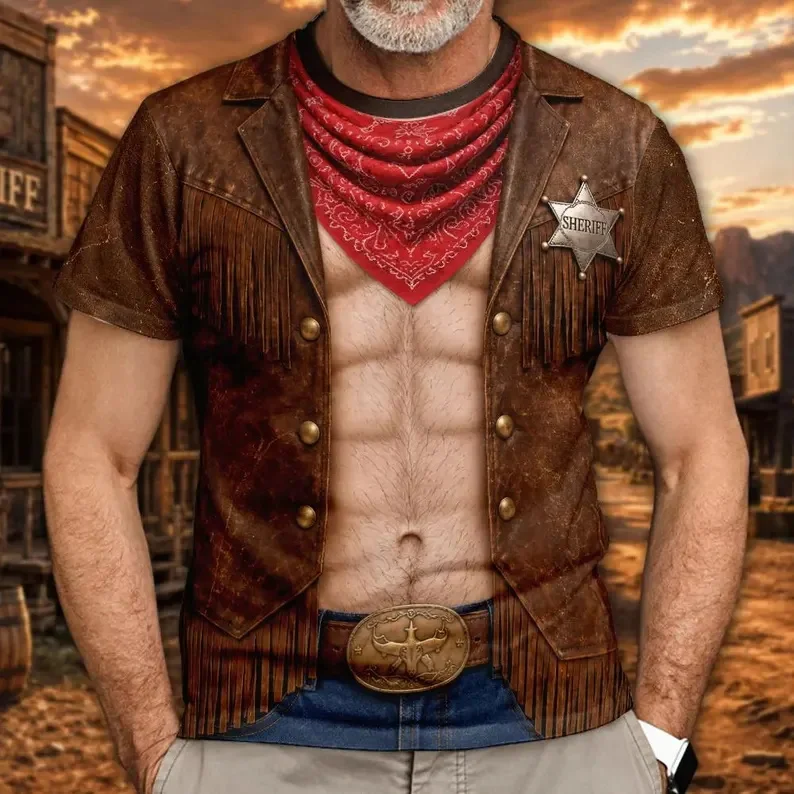 Men Funny 3D Fake Ripped Muscle Body Print T‑Shirt Tropical Floral Flamingo Surfboard Short Sleeve Beach Crew Neck Tee Tops