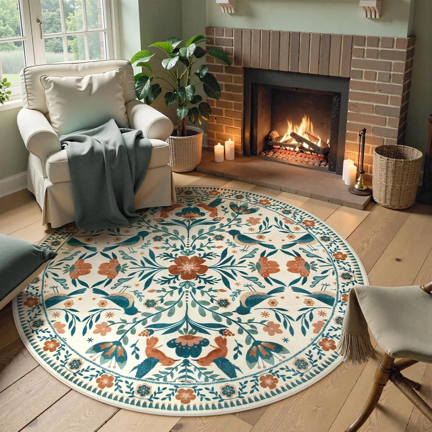 

Round Living Room Carpet Foldable Machine Washable Persian Ethnic Style Coffee Table Mats Bedroom Bedside Cloakroom Wool Rugs
