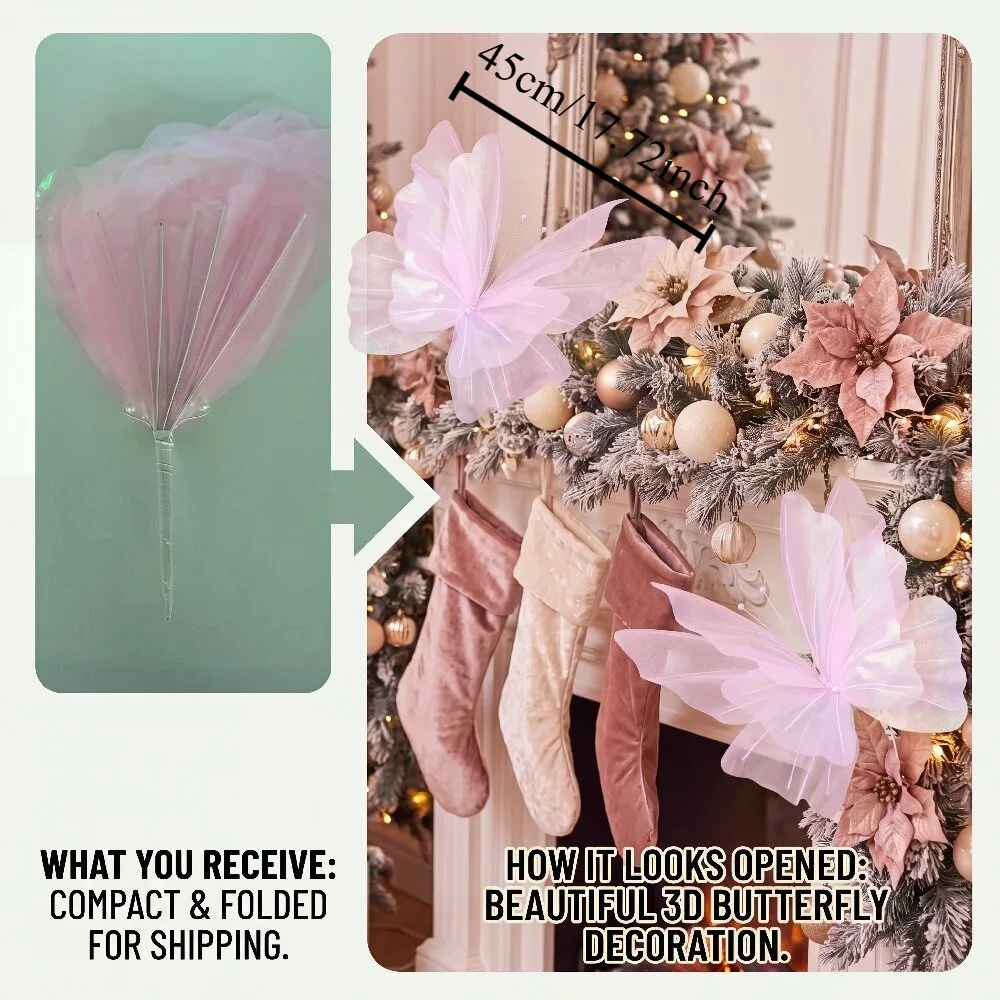3 Stück große, hängende, rosa Schmetterlingsdekorationen für Weihnachten, Schmetterlinge aus seidenartigem Material mit Laserschimmer, Weihnachtsbaumdekoration – Detail 6
