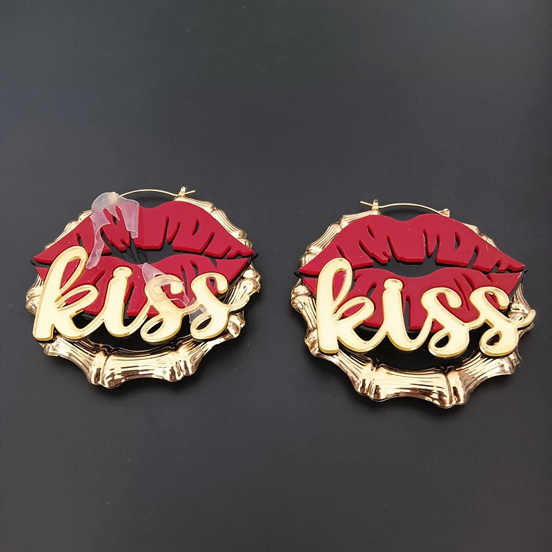 KUGUYS 9cm 7cm KISS Mouth Gold Color Red Lips Hoop Earrings for Women Birthday Gift Fashion Jewelry Hyperbole Letters Acrylic