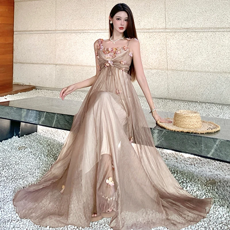 ภาษาฝรั่งเศสคําอารมณ์หวาน 3D ดอกไม้ Boho ชุดยาวหญิงเซ็กซี่สปาเก็ตตี้ Slim เอววันหยุดชุดบอลชุด