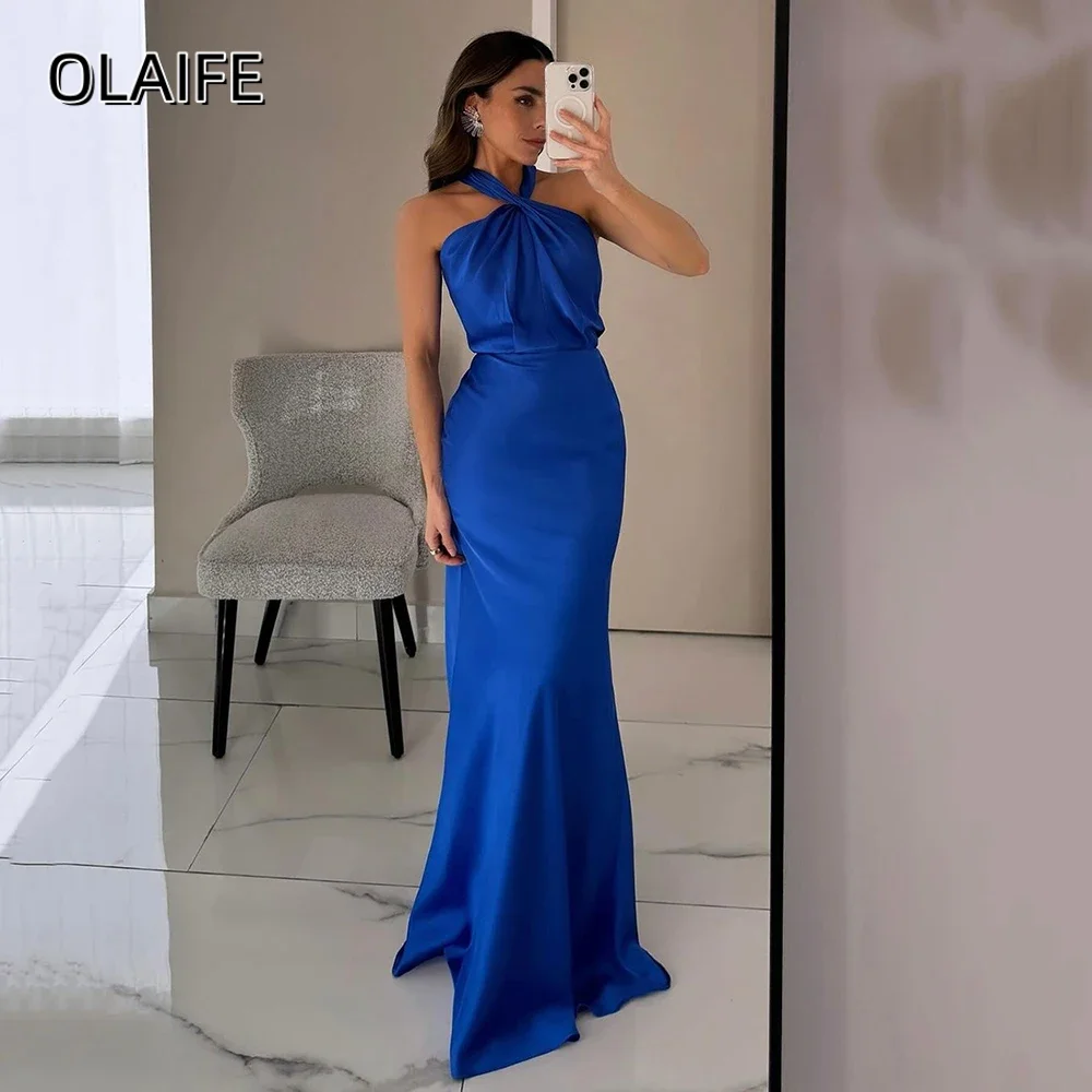 Halter Mermaid Simple Formal Prom Dress Satin Long Party Dress Customized Sleeveless Sweep Train فساتين للمناسبات الخاصة