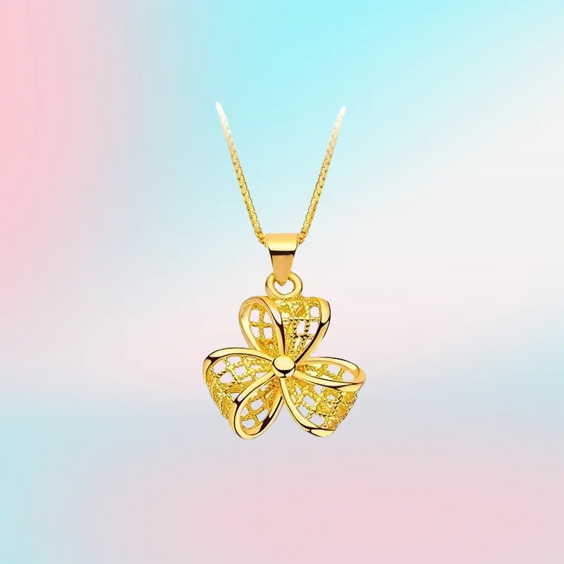 

NEW 9999 real gold 24K yellow gold Women's Hollow-out Three-petal Grass Windmill Necklace