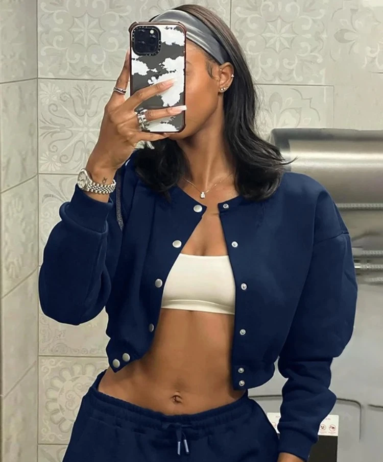 معاطف نسائية كاجوال باللون الأزرق الداكن برقبة دائرية واحدة الصدر سترات قصيرة للخريف والشتاء ملابس الشارع الشهير #1