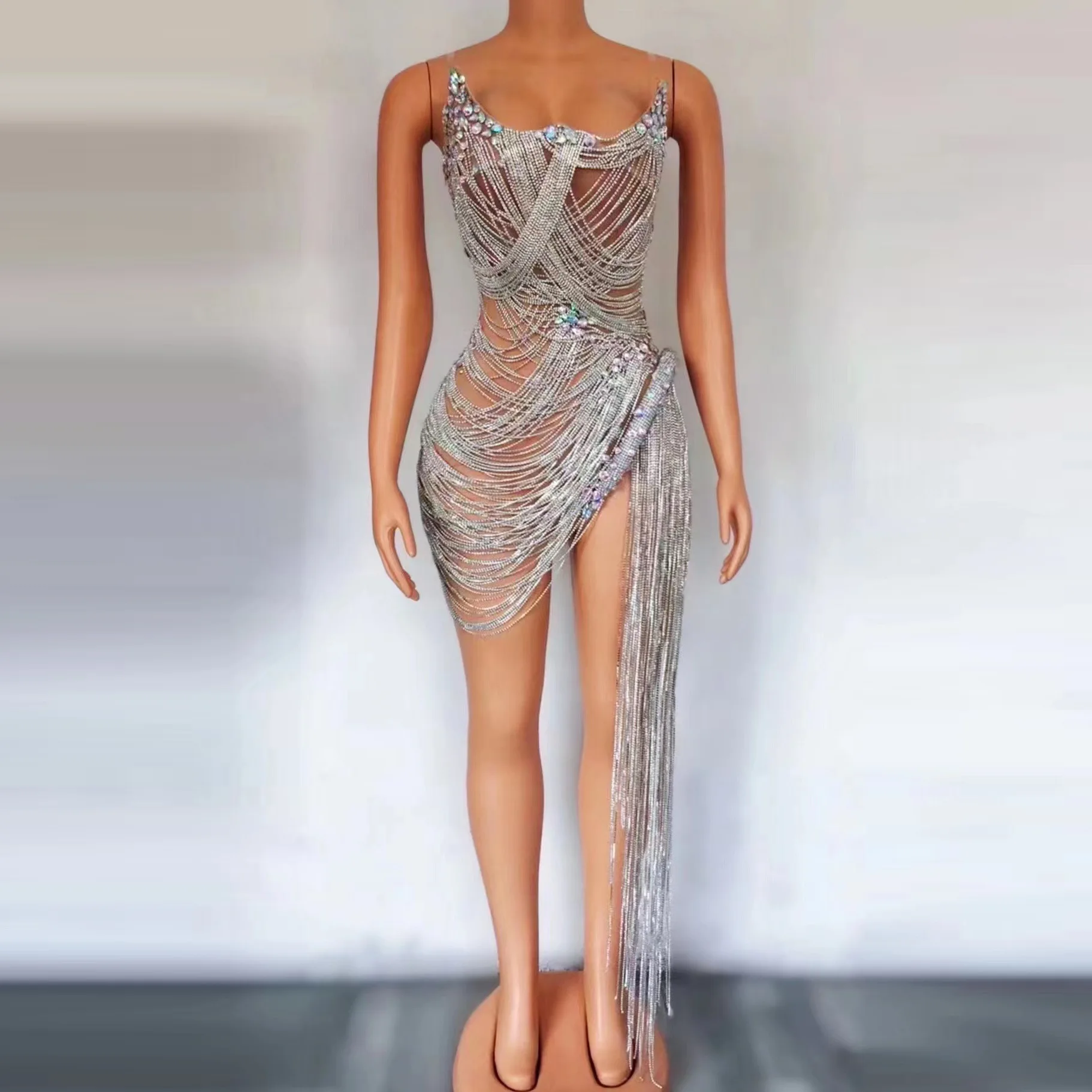 فستان سهرة أنيق فاخر ولامع ومنظور أسود من حجر الراين فستان سهرة شفاف للجسم من Flecos Vestidos Elegantes Mujer De Fiesta