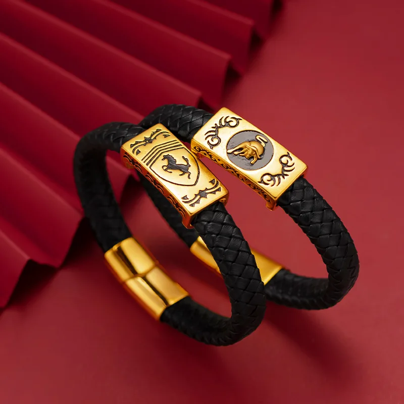 KISS&FLOWER BR279 Fine Jewelry Wholesale Fashion ManFather Party Birthday Wedding Gift Horse OX 24KT Gold Leather BraceletBangle