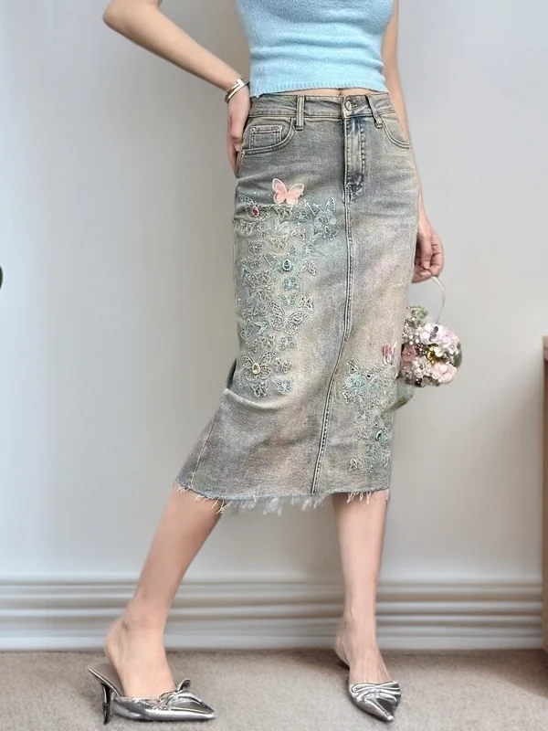 

Джинсовая юбка с высокой талией и вышивкой, облегающая, повседневная, с цветочным узором, весна-лето