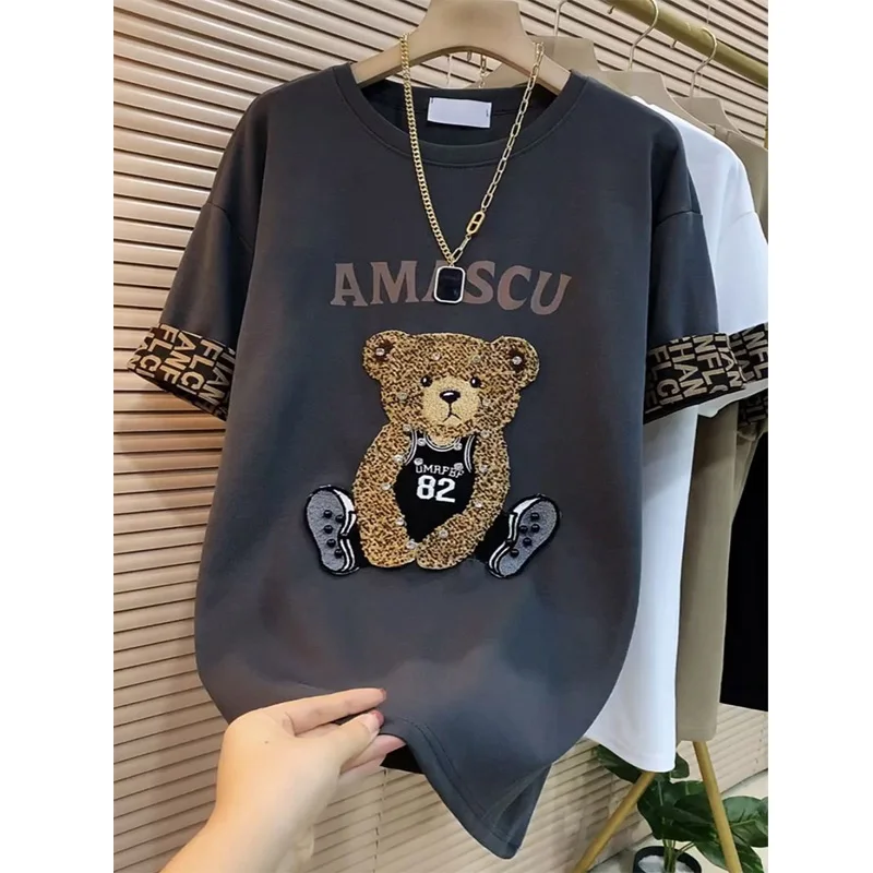 Trend Contrast Letter Printing T Shirts Summer New O-neck Short Sleeve Loose Plus Size Solid Tops Casual Vintage Women Clothing