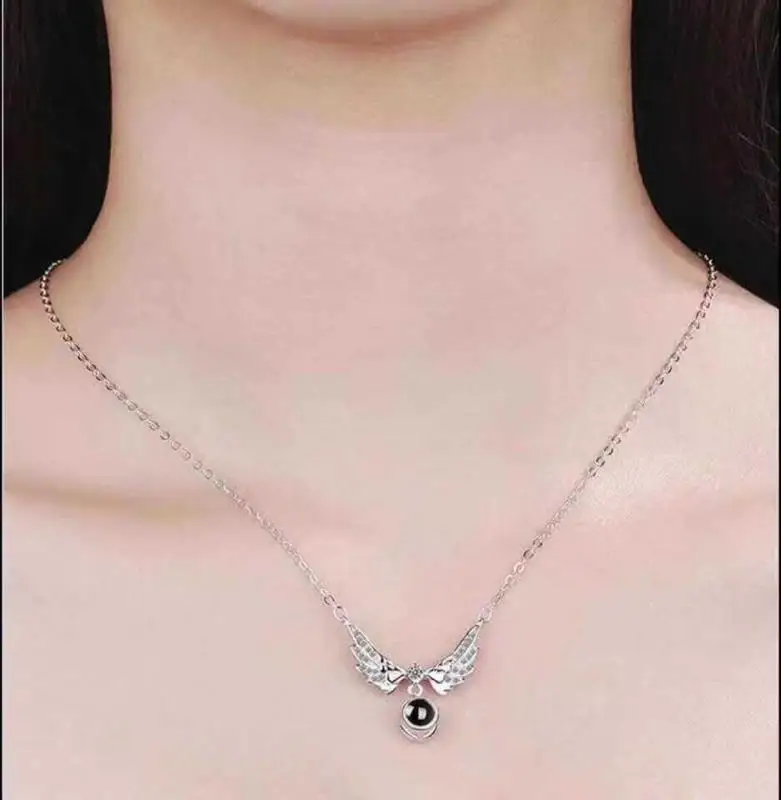 Angel Wings Necklace With Rose Gift Box 100 Languages I Love You Projection Pendant Jewelry 2024 Romantic Accessories Wholesale