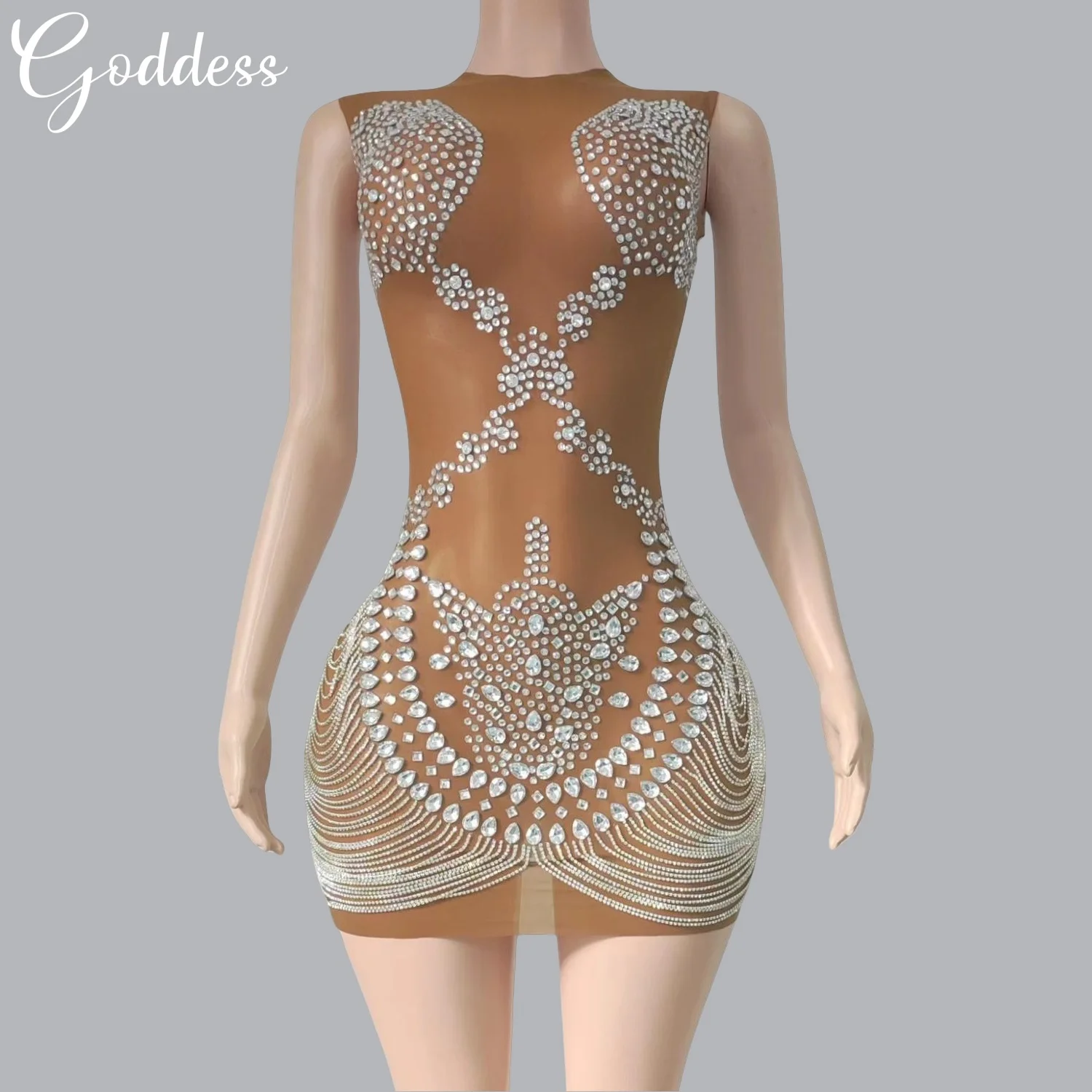 

Elegant Women Luxury Mesh Mini Dress High-end Sparkly Diamonds Birthday Party Evening Dress Nightclub Prom Chic Sleeveless Dress