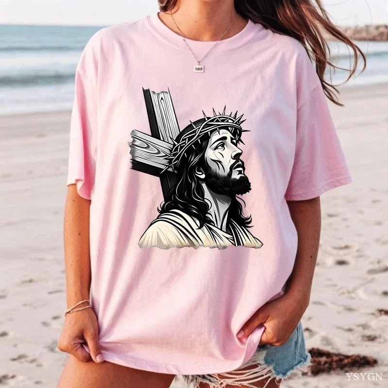 Christian Religious Jesus Crucifixion T-Shirts Faith Bible Verse 90s Vintage Harajuku T Shirt Loose Cotton Casual Male T-Shirt