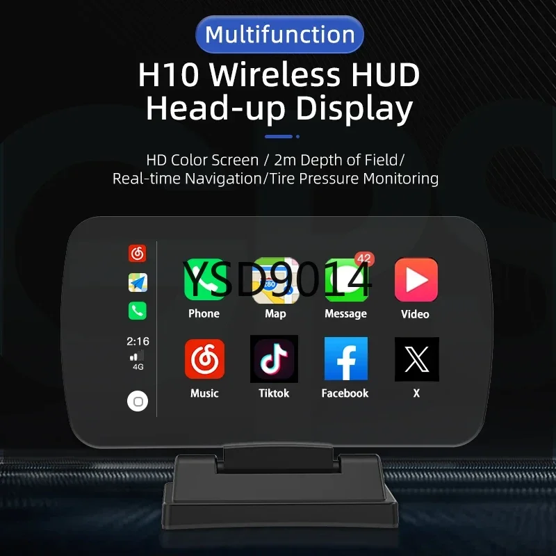 H10 HUD Universal Head-up Display GPS Wireless CarPlay Auto Navigation & TPMS HD Smartphone Screen Projection Display