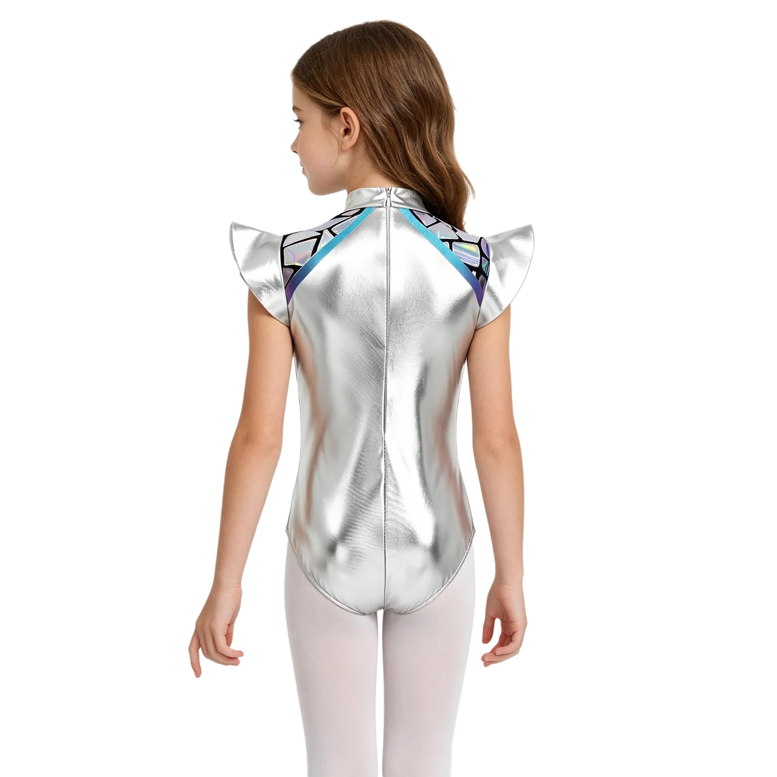 Kids Girls Halloween Alien Cosplay Costume Outer Space Leotard Gradient Metallic Ballet Dance Bodysuit for Role Play Theme Party