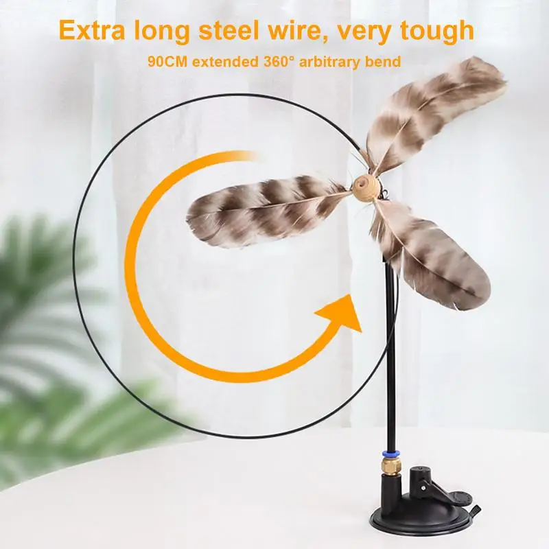 Cat Toys Feather Toy Auto Interactive Cat Toys With Bell Realistic Colorful Feathers On Wand Self-Holding Suction Base For