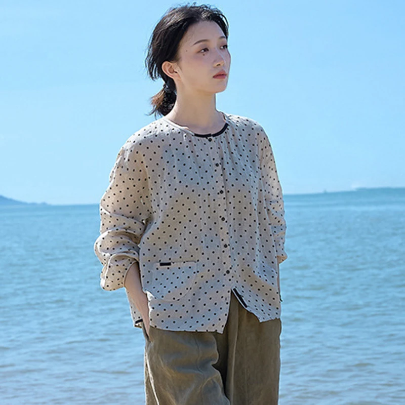 

100% льняная женская повседневная рубашка с длинным рукавом, Новое поступление, осень 2022, винтажный стиль, свободные женские топы с круглым вырезом в горошек M1820