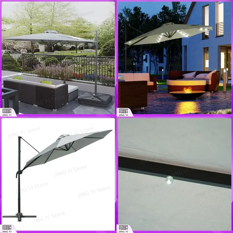 

3M LED Cantilever Garden Sun Umbrella with Cross Base Solar Powered Lights Outdoor Patio Shade UV Resistant Waterproof Grey