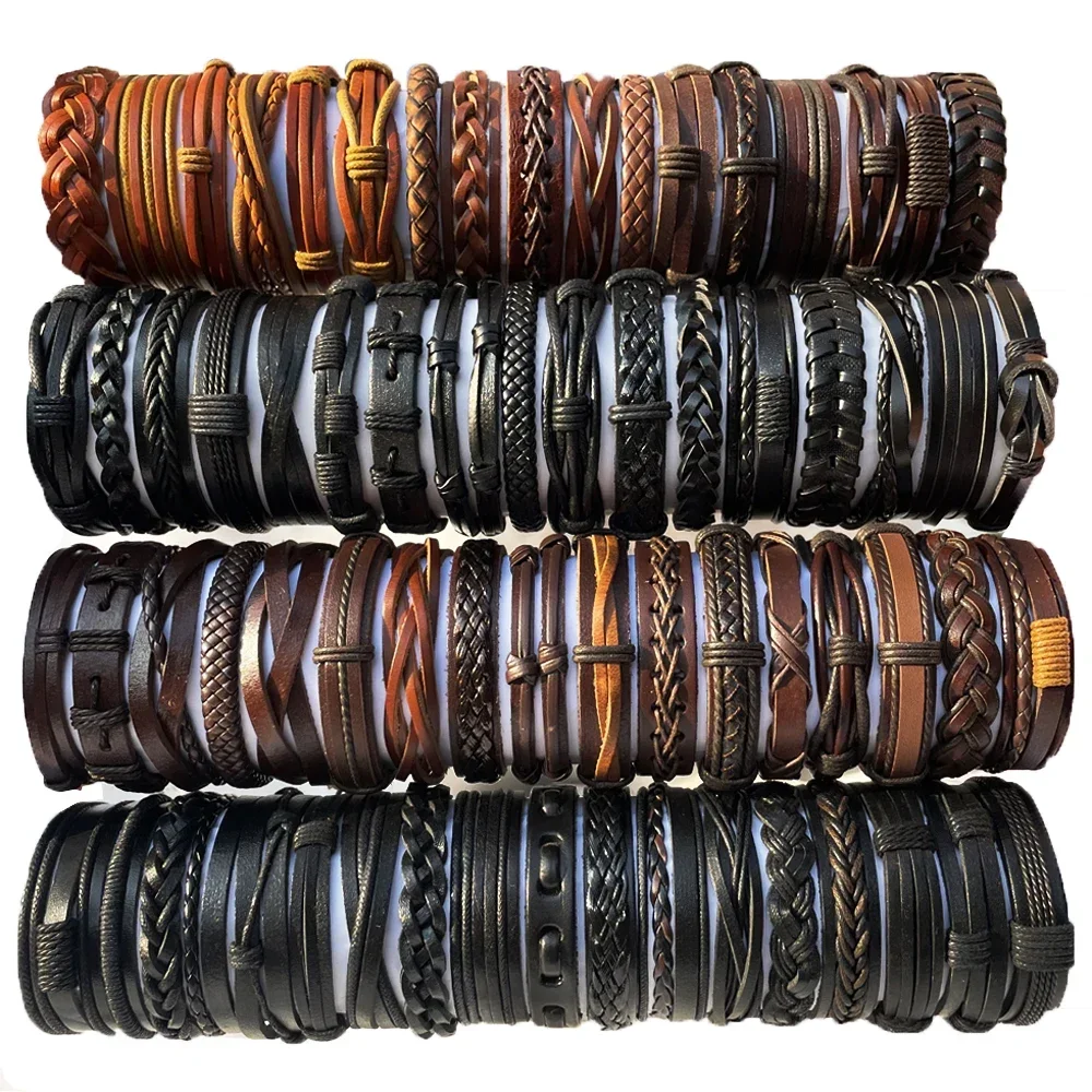 25PCS/Pack Wholesale Bulk Lots Mix Styles Braided Ethinc Tribal Leather Cuff Bracelets Men\'s Women\'s Jewelry Party Gifts