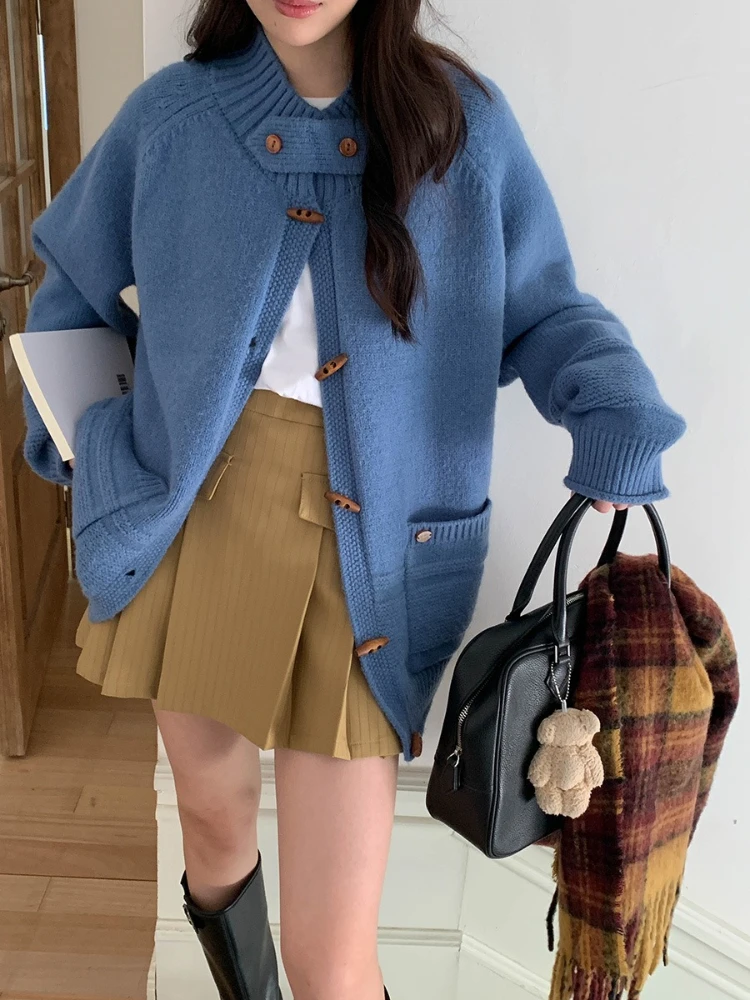

2025 Korean Fashion Horn Button Cardigan Women's Autumn Winter Soft Knit Sweater Coat Casual Knitwear Jacket Knit Cardigans Tops