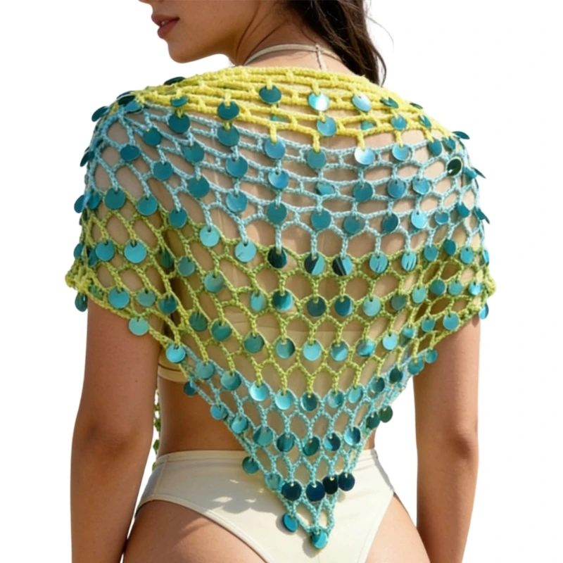 X5XA See Through Knitted Beach Cover Up Shawl Hollow Crochet Sequins Belly Dance Belt Hip Wrap Skirt For Beach and Daily Use