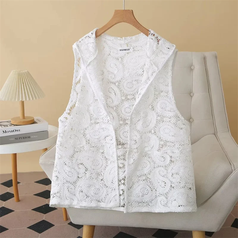 

Women Vest 2026 Spring Summer Autumn Vest Waistcoat Fashion Loose Comfortable Lace Hollow Hooded Vest Jacket Coat Open Stitch