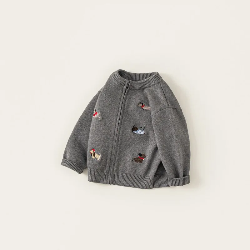UNITIM Autumn Children Boys Sweater Cardigan Dog Embrodiery 2-8Yrs Kids Boys Knitwear Long Sleeve Outerwear Coat for Babys Boys