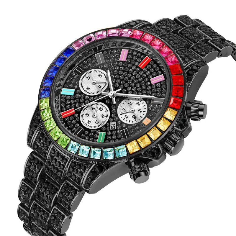 Hip Hop Diamond Watch Three Eye Diamond Watch Iced Out Pave Bling Colored Diamond Wristwatch Mens Calendar Quartz Bracelet Watch