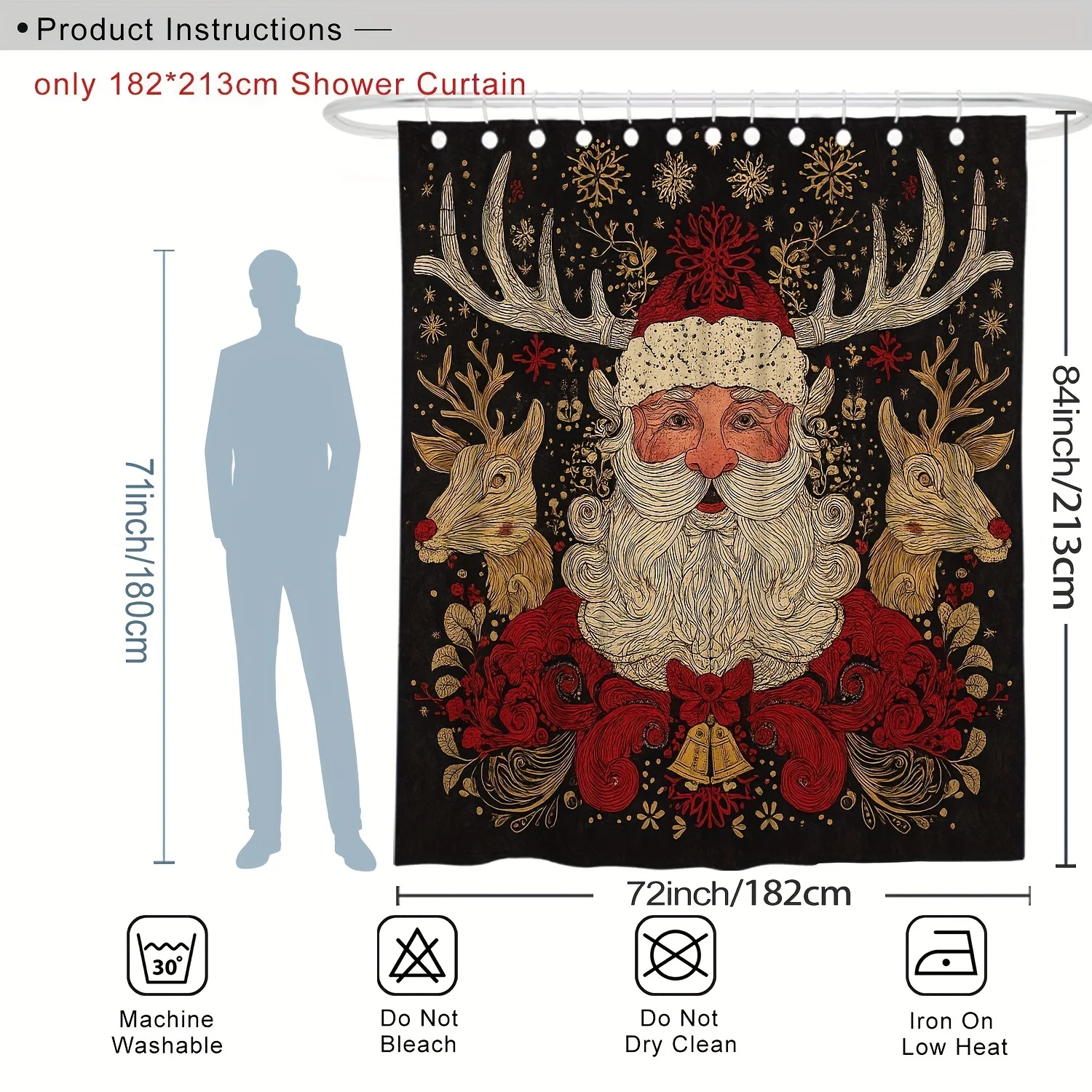 4pcs Santa Claus Shower Curtain Set - Red & Black Christmas Bathroom Decor with Hooks, Festive Modern Polyester Fabric, Machin
