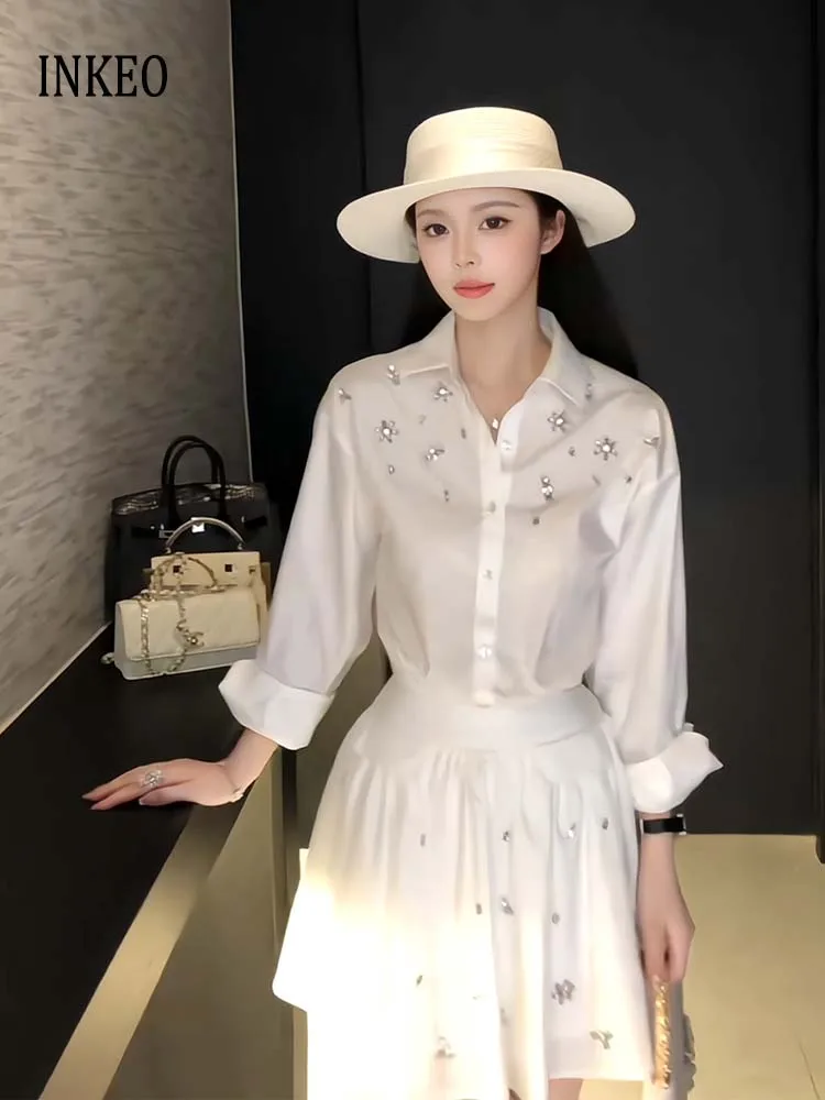

Women Rhinestone beading crop top and mini skirt 2025 New Streetwear Fashion 2 Piece set White Long sleeve shirt INKEO 5T094