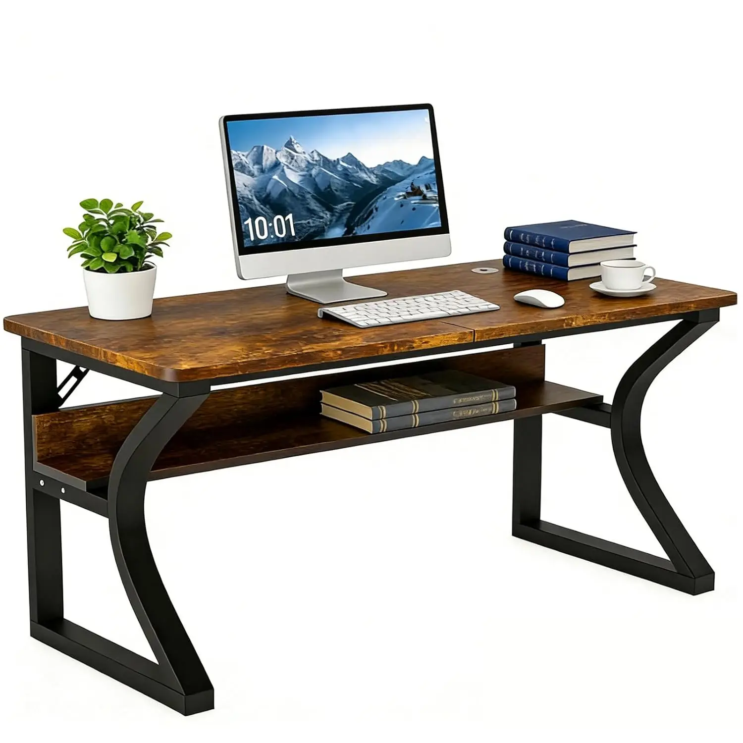 

47 inch Computer Desk, Home Office Desk with Storage Shelf, Sturdy U-Shaped Metal Frame Study Table with Cable, Customized