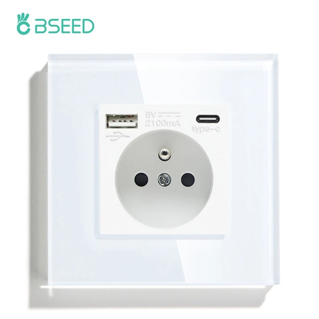 Bseed France Standaard Stopcontact Usb Type-C Oplaadpoort Glaspaneel 20W Snel Opladen Franse Socket 110-250V