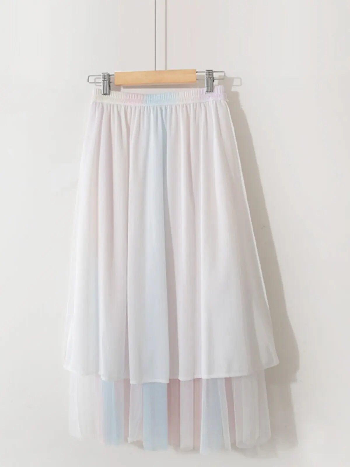 Sweet Retro Fresh Gradient Color-Block Rainbow Striped High-Waisted Mid-Length Beach Tulle Skirt