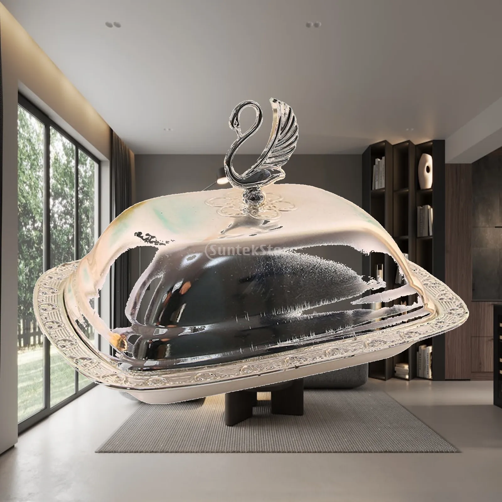 Metal Serving Tray with Lid Fruit Snack Holder Decorative European Style Buffet Platter Stainless Steel Luxury Tray for Home Bar