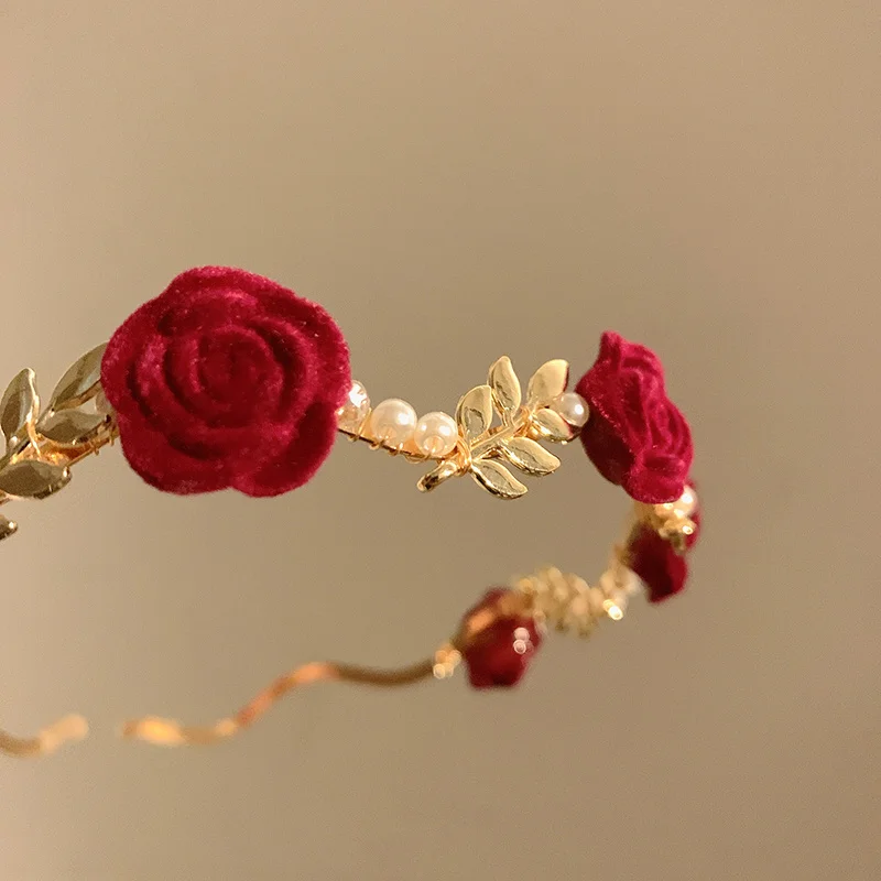 Banda para el pelo de flores rojas y rosas secas francesas para mujer, accesorio para el cabello, tocado de novia, diadema de rosas para niña, regalo de San Valentín