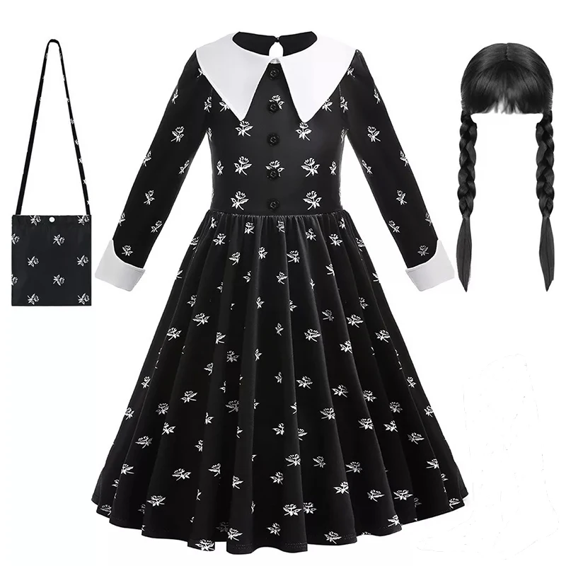 Kid Black Halloween Costume Dress For Girl Cosplay Princess Carnival Outfit With Wig Bag Earrings Socks Girls Role Play Costume view 3