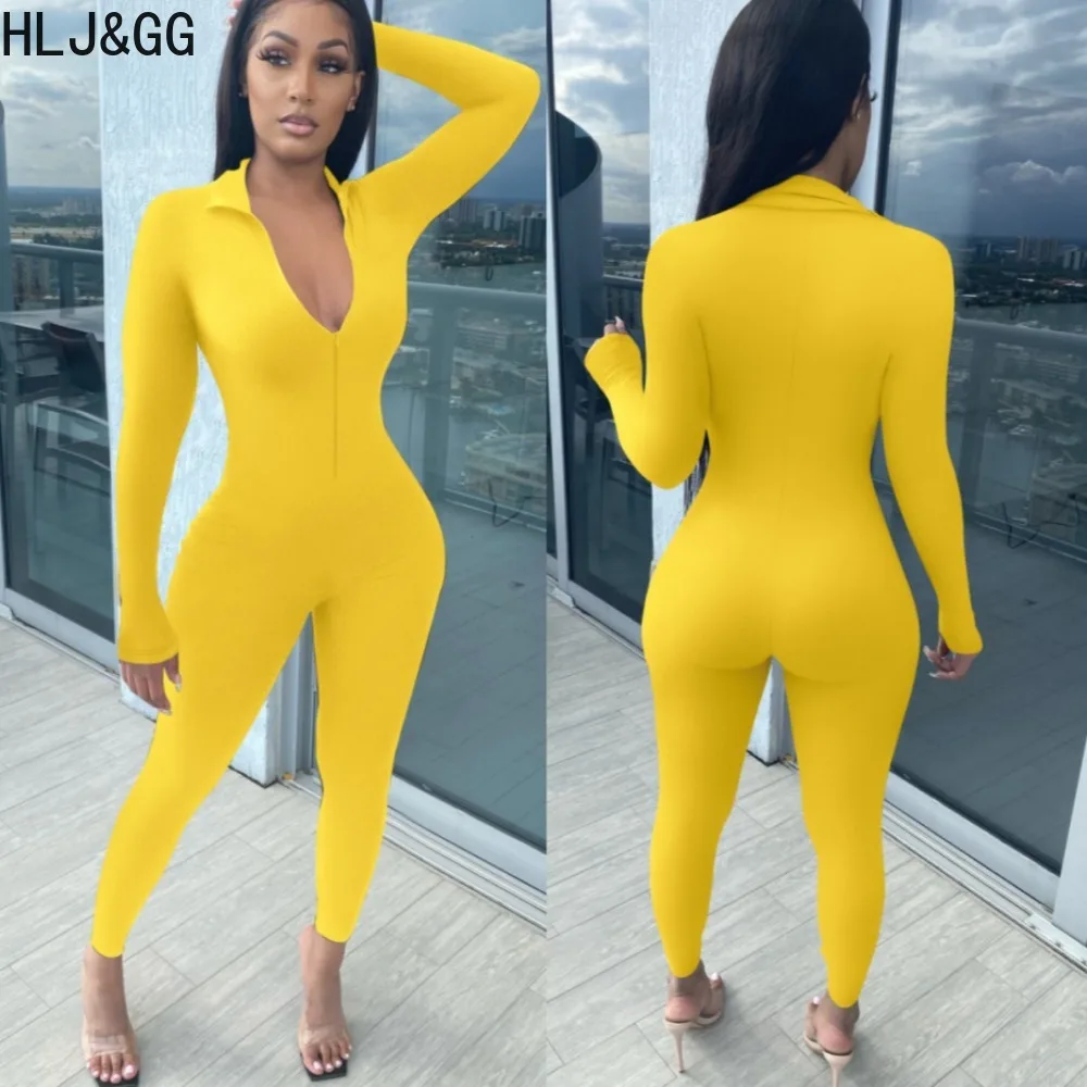 

HLJ&GG Autumn Sexy Deep V Bodycon Jumpsuits Women Long Sleeve Slim Sporty Playsuits Casual Female Solid Sporty Matching Overalls