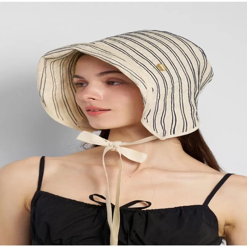 Atmungsaktive gestreifte Leinen-Sonnenschutzmütze mit verstellbarem Kinnband, UV-Schutz für Strandurlaub und Outdoor-Aktivitäten. – Detail 10