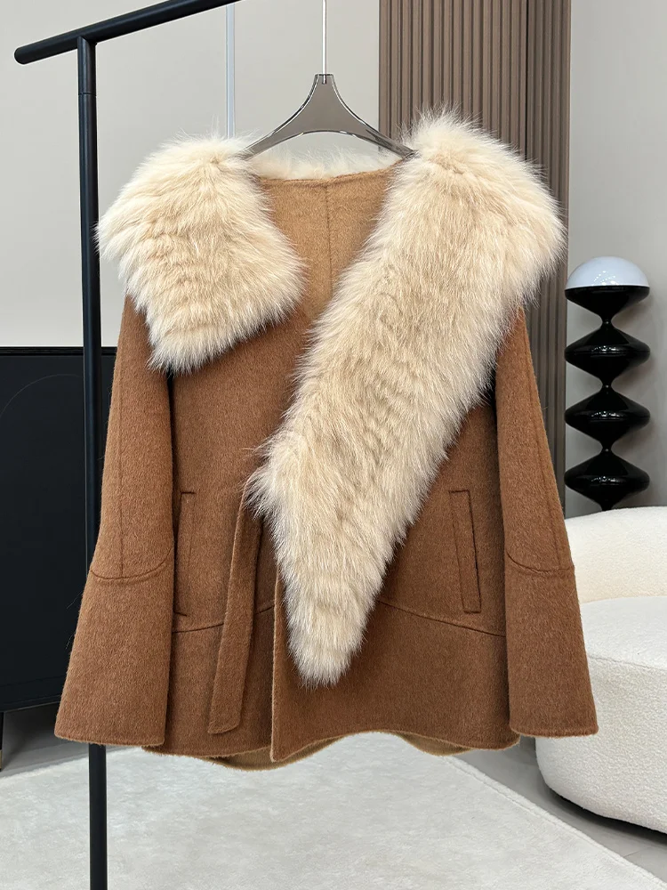 

2025 женское новое модное зимнее шерстяное кашемировое смешанное пальто с воротником из натурального лисьего меха, повседневная роскошная куртка, верхняя одежда