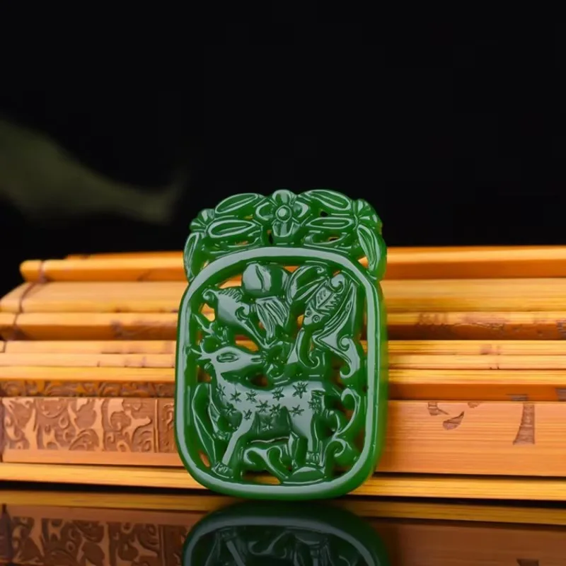 Green Handmade Hollowed Out Carved Sika Deer Jade Pendant, Fashionable Boutique Jewelry, Men's and Women's Deer Necklaces