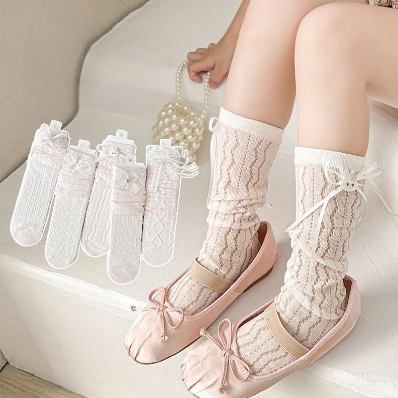 2026 Princess Style 3-8Y Baby Girls Mesh Mid-Calf Socks Lace Bow Mesh Breathable Hollow Kids Children's Socks