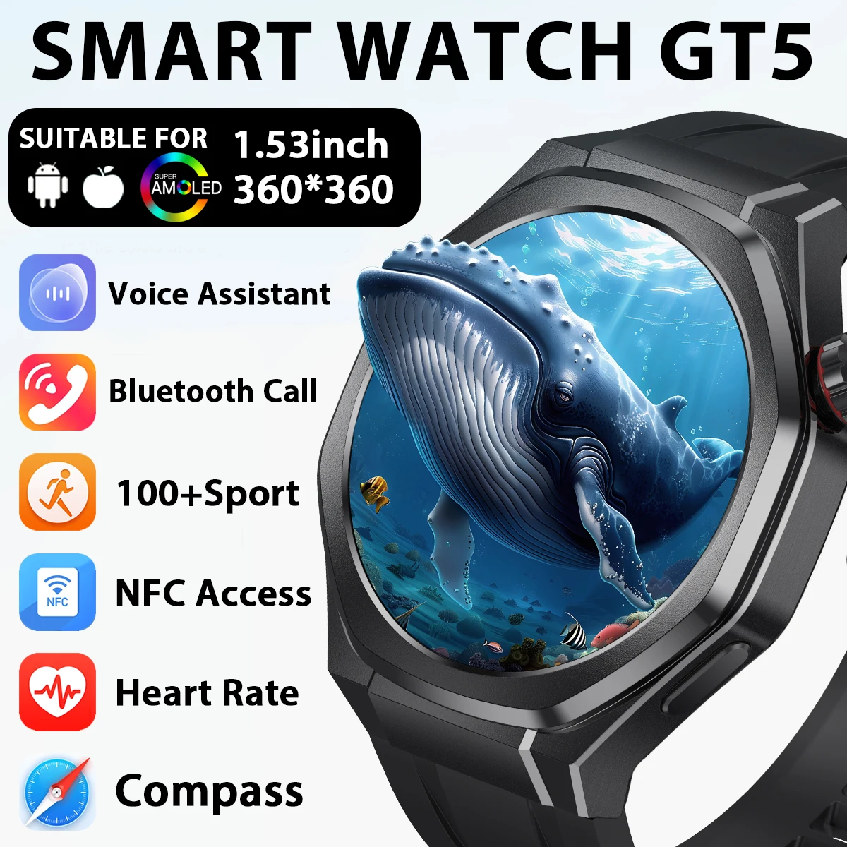 

2025 New Huawei GT5 Pro Smart Watch Men HD AMOLED Screen GPS Motion trajectory HeartRate Bluetooth Call 1.53" SmartWatch IP68