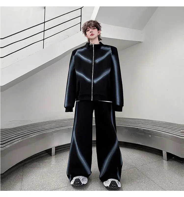 الرجال 2025 الخريف جديد 2 قطعة الوقوف طوق رسمت باليد فضفاضة طويلة الأكمام بلوزات الراحة السراويل الطويلة الرجال اللون مطابقة مجموعات #4