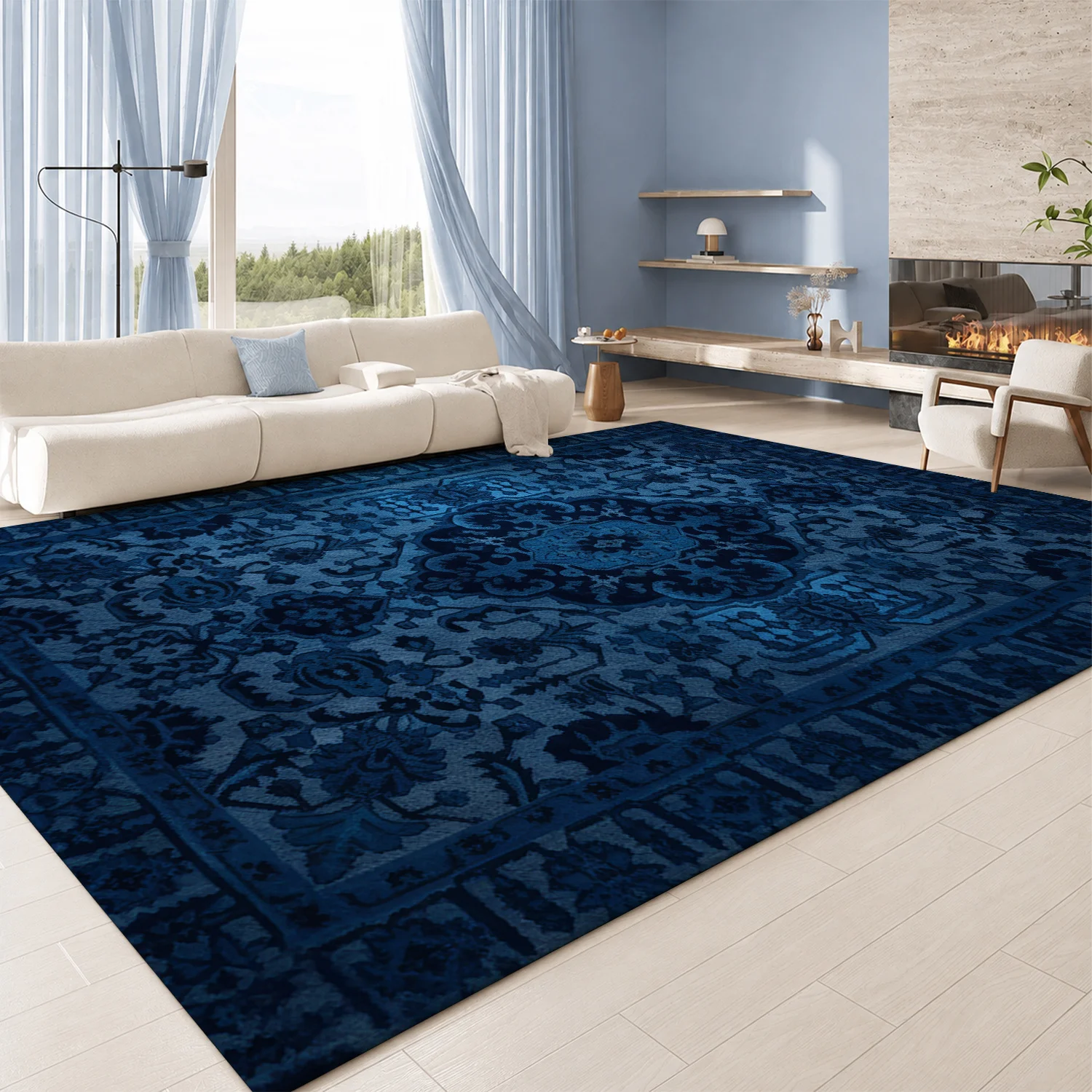 Large Indoor Area Rug, Soft Velvet Low Pile with Non-Slip Dotted Backing, Machine Washable Vintage Navy Blue Persian Pattern Floor Rug for Living Room & Bedroom