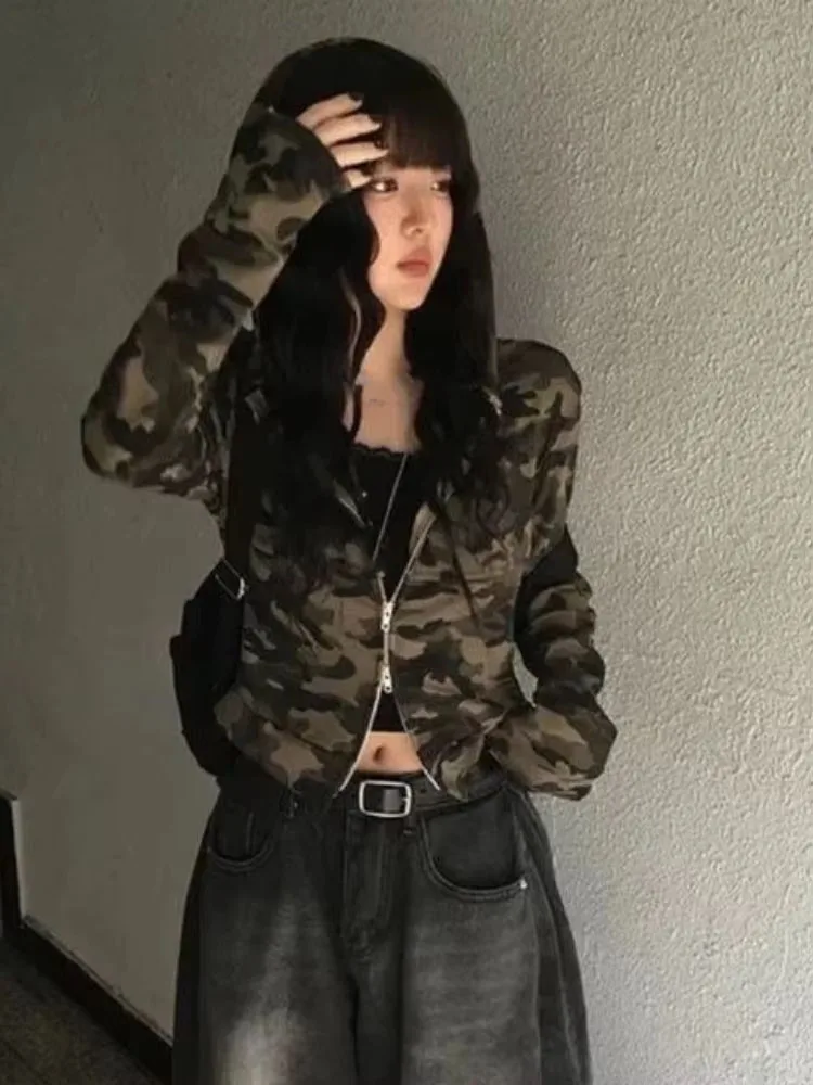 American Streetwear Coats Hooded Long Sleeve Camouflage Color Zipper Crop Tops Y2k Harajuku Vintage Punk Gothic Women's Clothing