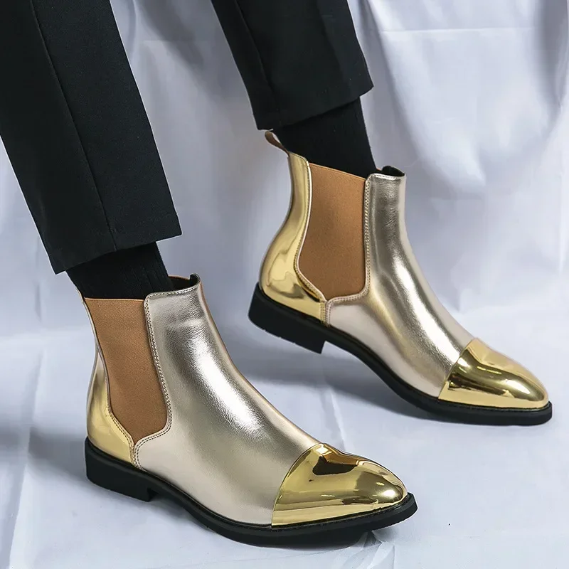 

High Quality Fashion High Top Chelsea Boots Casual Men's Leather Shoes Trendy Bright Luxury Gold Men's Ankle Boots Botas Hombre