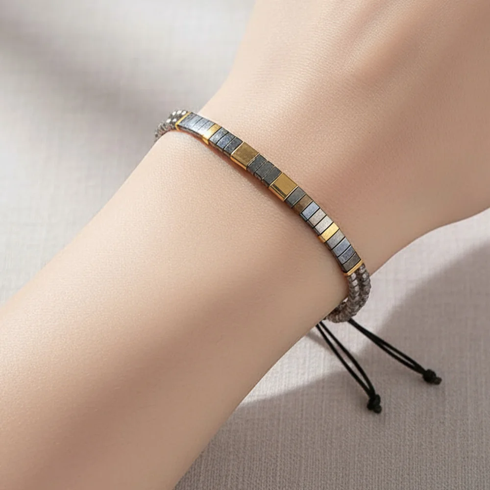 

1PC Adjustable Square Beads Bracelet for Men Women Handmade Gold Gray Tile Beaded Bangle Fashion Jewelry Gift for Christmas